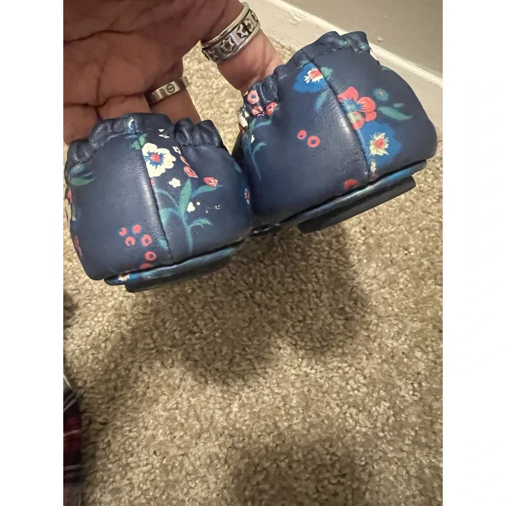 Tory Burch Minnie Travel Ballet Flats Navy Blue Floral Leather Logo Shoes 7